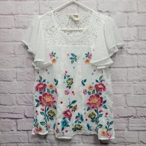 Savanna Jane Embroidered Blouse Size S Flutter Sleeves Floral White Boho Cottage